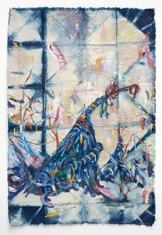 Tree form covered and drooping under multi-colored dyed rags and clothes