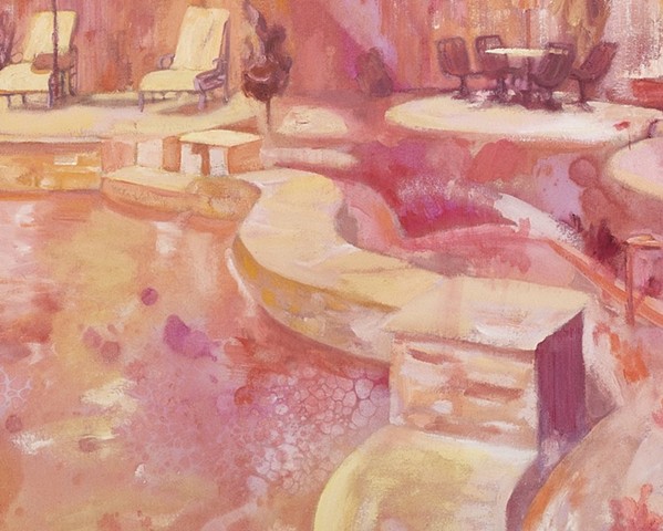 High-key painting expressionistically painted in warm colors, representing a sun-bleached and idyllic private patio with a pool