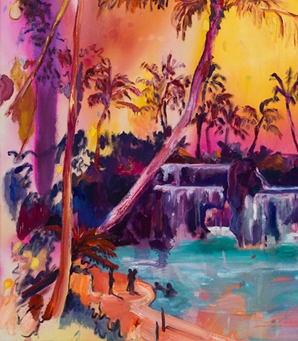Fantasy tropical landscape with painterly warm colors stained, daubed and brushed expressionistically painted idyllic resort with lagoon and waterfall.