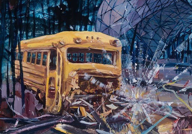 Detail of an oil painting of a dilapidated school bus in a chaotic landscape.