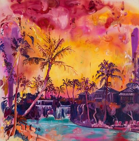 Fantasy tropical landscape with painterly warm colors stained, daubed and brushed expressionistically painted idyllic resort with lagoon and waterfall.
