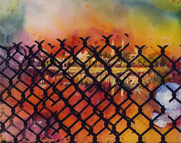 Screen-printed chain-link fence over a warm-hued scene of an idyllic town overlooking a reflective lake.