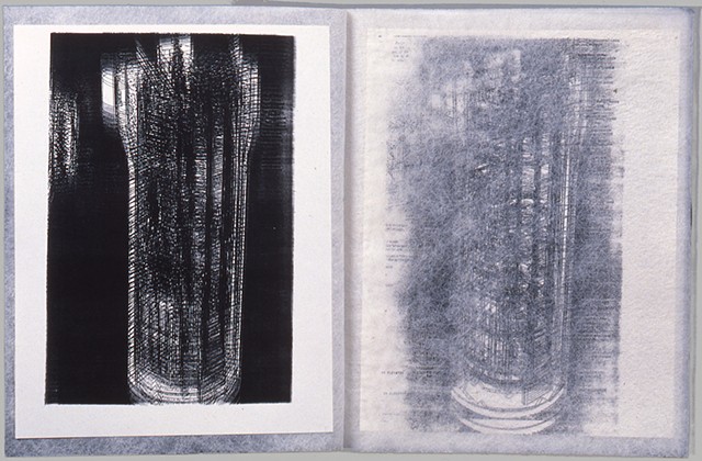 Stealths & Silos Book Pages, 1991, cartridge print on Lutradur, paper and lead, 12 x 24 x 3 inches