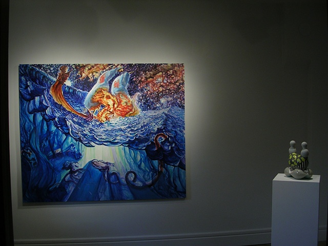 Installation shot:
"Aqua-Calamity", Jeremy Somer, on the left and "Object Pair #5, Spore Series", Sarah Hicks, on the right.