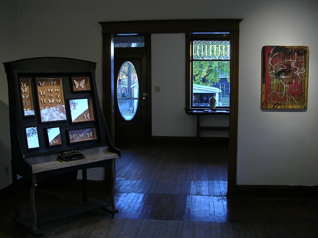 Installation shot:

"Abecedarium Lepidoptera: On Naming and Description in a Dead Language", Chris Miller, 2006, left

"Popeye", Jeremy Price, 2009, right