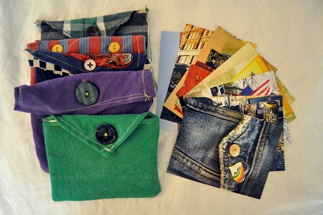Kickstarter rewards: sets of 10 postcards with Stuff Hero images in handmade pouch