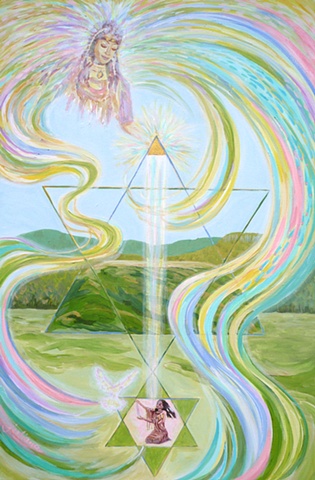 Mysical artwork depicting the Divine Mother blessing the Native American mound