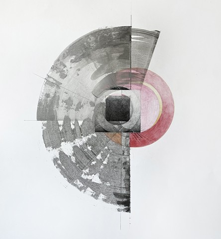 This is a drawing + collage, comprised of graphite + color pencil, embossed paper and metallic ink arcs (or pivots).