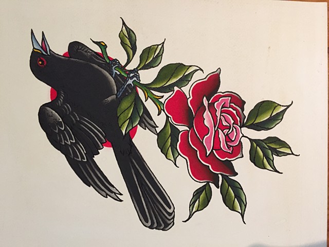Black Bird carrying Rose