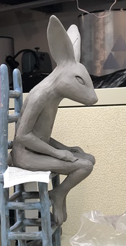 Rabbit figure in progress. Lowfire clay.