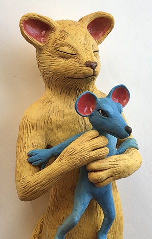 Cat and mouse (detail). Paper clay wall art.
