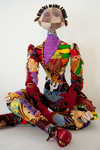 Quality hand-crafted cloth art doll, african, crazy quilt