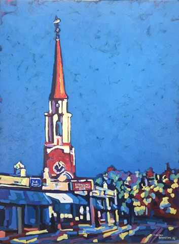 Church painting chelsea sebastian art blue Wellesley shops sidewalk color colorful 