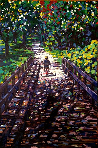 child tricycle boy girl bridge color chelsea sebastian wellesley new england art painting blue yellow trees