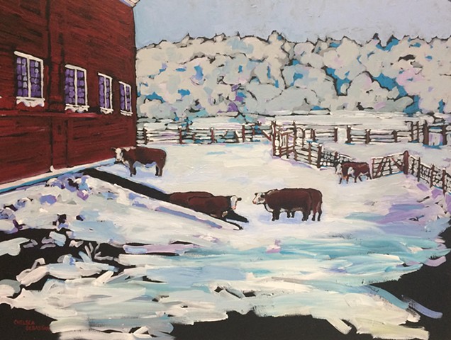 farm barn cow cow heifer painting Hereford chelsea sebastian art color snow winter fences rural