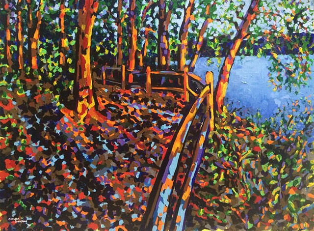 Trees wellesley trail color Chelsea Sebastian acrylic painting lake art landscape new england