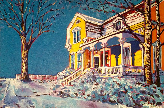 Art Chelsea Sebastian blue yellow sky tree Wellesley snow colorful porch Victorian home abyss 
