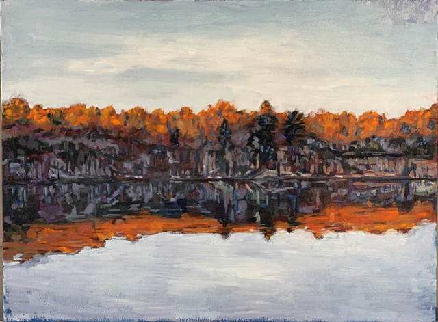 Chelsea Sebastian painting art artwork Wellesley lake Waban trees landscape reflection orange