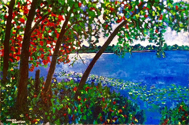 Lake waban Wellesley colorful light chelsea Sebastian blue art tree trees