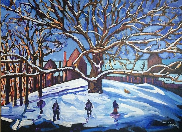 oak winter sledding art painting chelsea sebastian snow dog family hill severance hill white oak wellesley college winter 