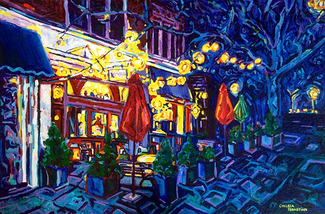 Cafe colorful Wellesley Chelsea Sebastian painting fine art lights tree blue yellow 