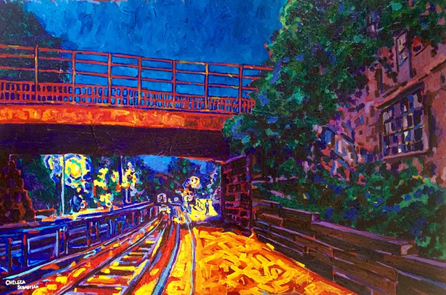 Train Wellesley art painting colorful Chelsea Sebastian yellow blue dawn art