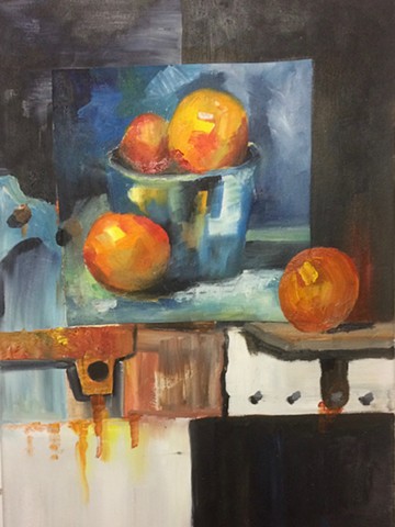 Still life with fruit and rusted steel 