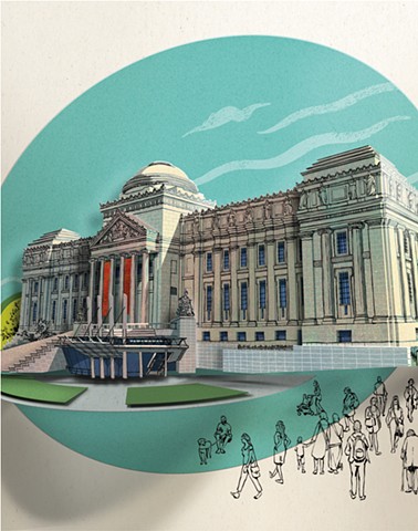 A cut paper model of the iconic Brooklyn Museum in Prospect Heights surrounded by community members