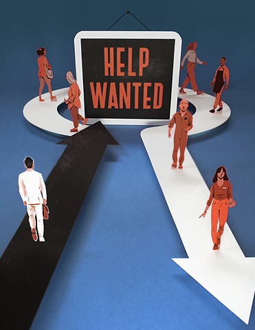 A line of diverse potential employees circle a "help wanted" sign.