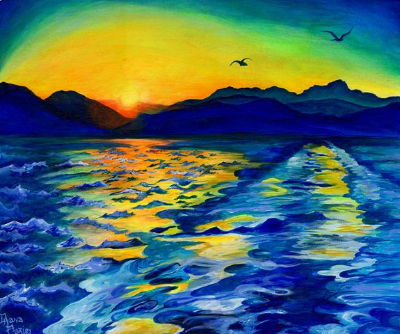Dana Parisi, Greece, Karystos, Ocean, Water, Island, Sunset, Neon,Wake, Acrylic, Paint