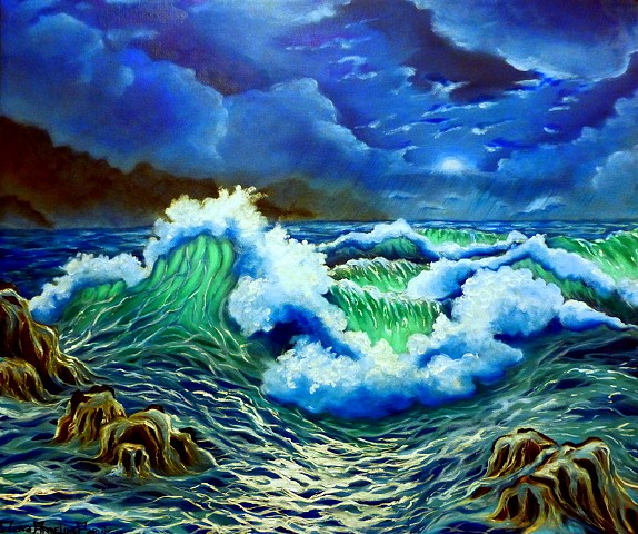 Dana Parisi, Ocean, Sea, Oil Paint, Waves, Storm, Moon, Moonlight, Crashing, Cloud