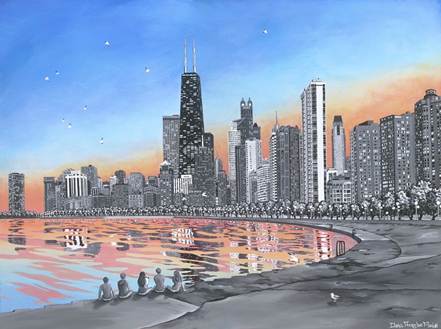 Dana Parisi, Chicago skyline, sunset, city, Hancock building, trump building, Drake hotel, Lake Michigan, North Avenue Beach, beach
