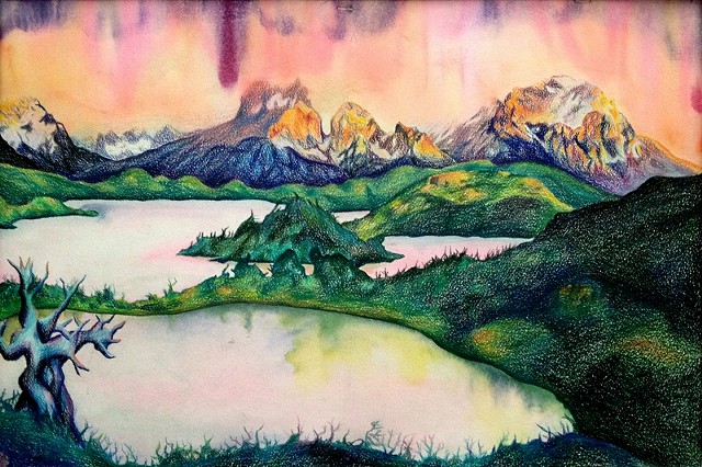 Dana Parisi, mountains, color, colored pencil, lake, sunset