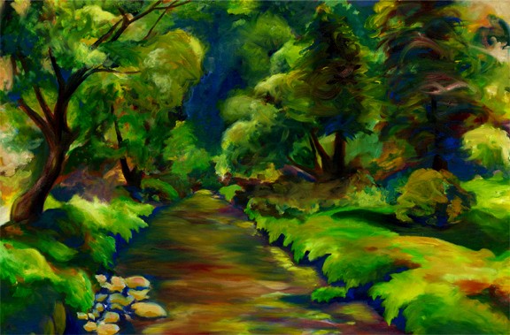 Dana Parisi, Ireland, Green, Forest, Oil Paint, Path, River