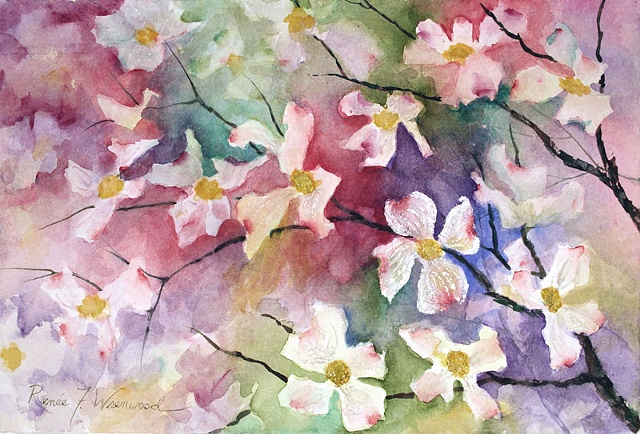 Dogwood Blossoms, color, watercolor, white