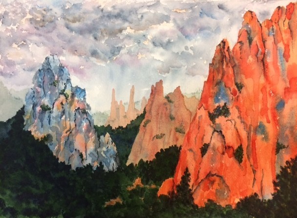 Red Rocks in Colorado, thunder storm, mountains, sunset colors with gray and blue, watercolor