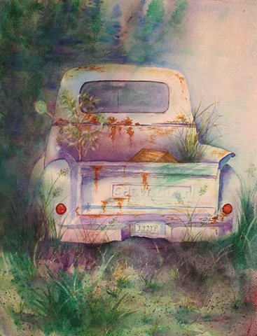 rust, rusted truck, watercolor, garden, weeds
