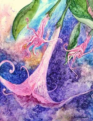 watercolor, Yupo, abstract, floral, blue, pink, purple, Brugmansia, Angel's Trumpet, spiral, artwork, handpainted, original