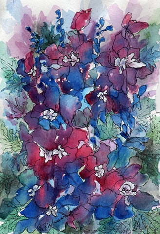 Loose painting of Delphiniums with Pen and Ink over watercolor
