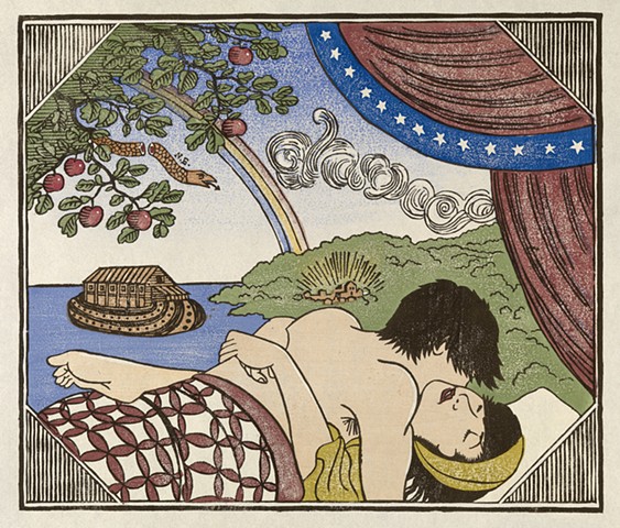 Moku hanga woodblock print of a couple making love and Bible story allegories in background by Annie Bissett