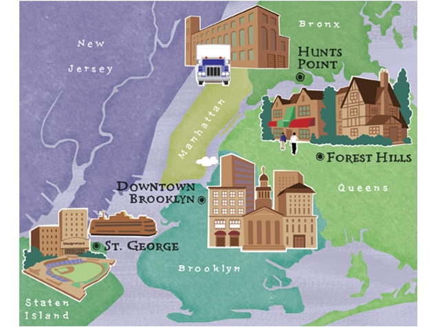 illustrated map of greater NY City with some buildings by Annie Bissett