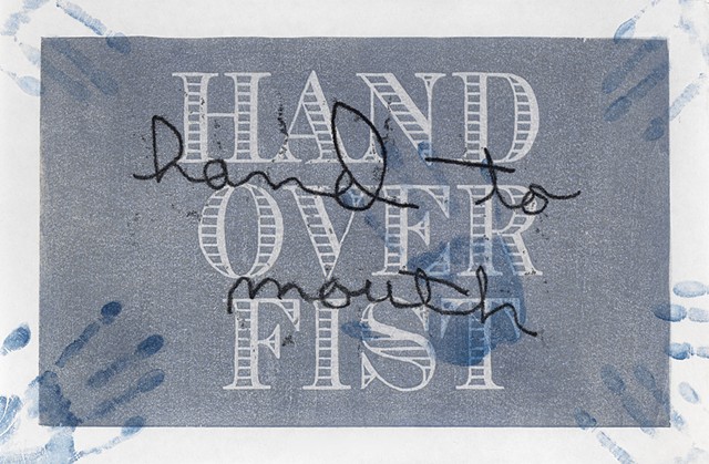 Moku hanga woodblock print by Annie Bissett about money cliches hand to mouth hand over fist
