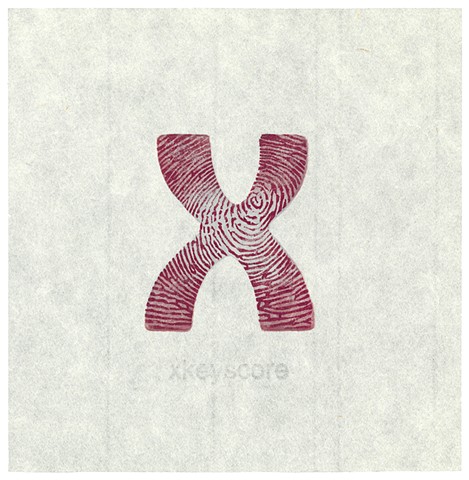 Woodblock print by Annie Bissett depicting an X with a fingerprint inside