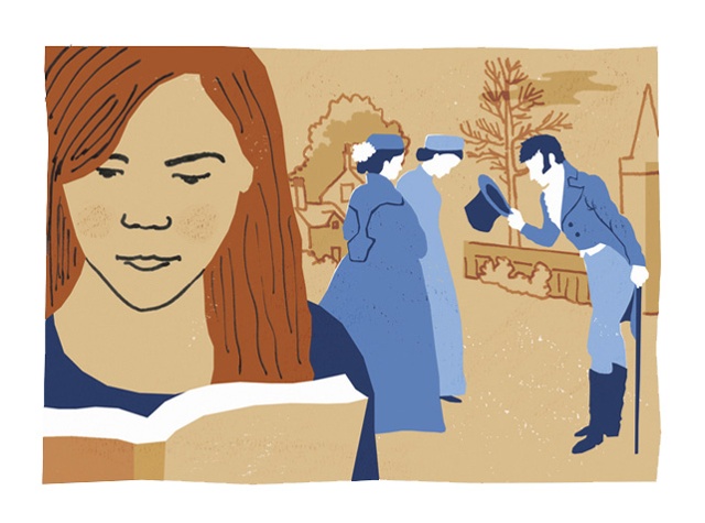 illustration showing a female college student reading a book, with a scene from Wuthering Heights behind her.