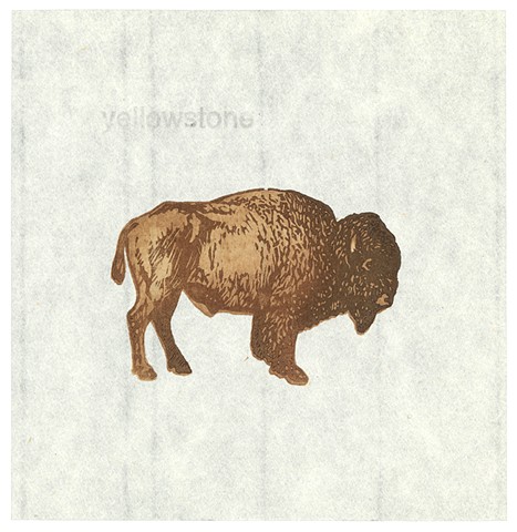 Woodblock print by Annie Bissett depicting a buffalo / bison