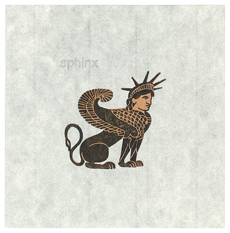 Woodblock print by Annie Bissett depicting a Greek style sphinx with the head of Lady Liberty
