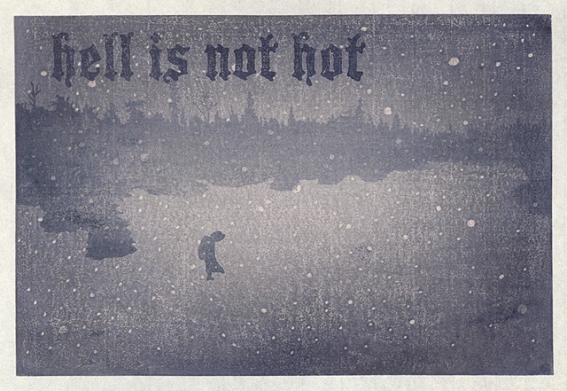 Moku hanga woodblock print by Annie Bissett showing a small figure walking in snow scene