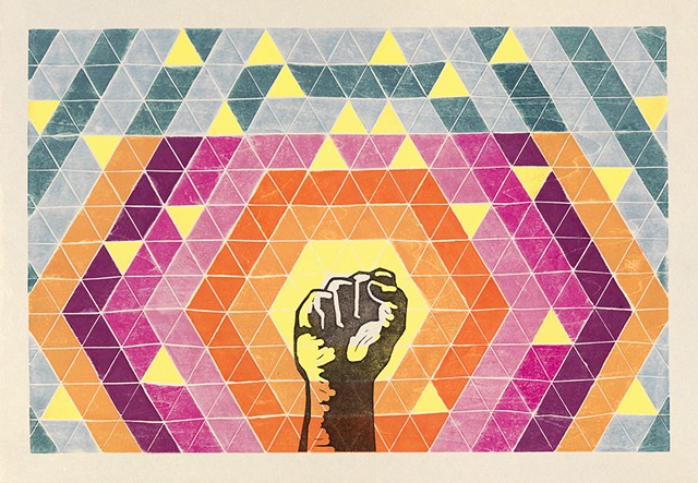 White line woodcut, raised fist, Gay Liberation Front, gay history