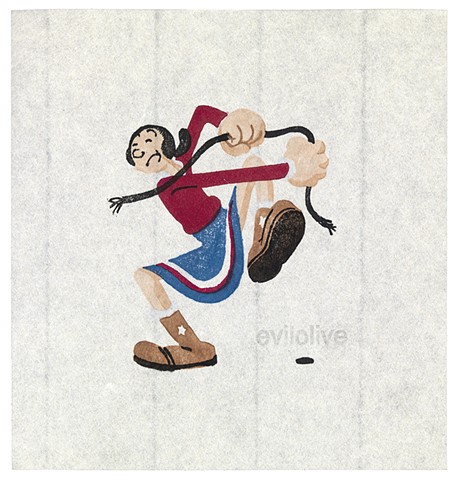 Woodblock print, image of olive oyl, by artist illustrator Annie Bissett depicting a secret code word of the NSA called evilolive