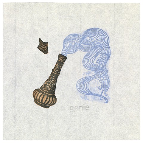 Woodblock print of genie coming out of a bottle by artist illustrator Annie Bissett depicting a secret code word of the NSA called genie